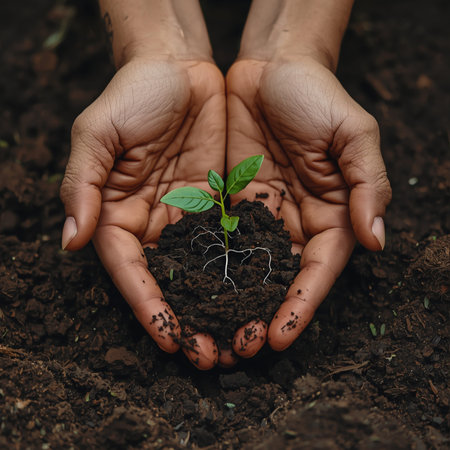 Hands holding green seedling with soil background, Earth day conceptの素材