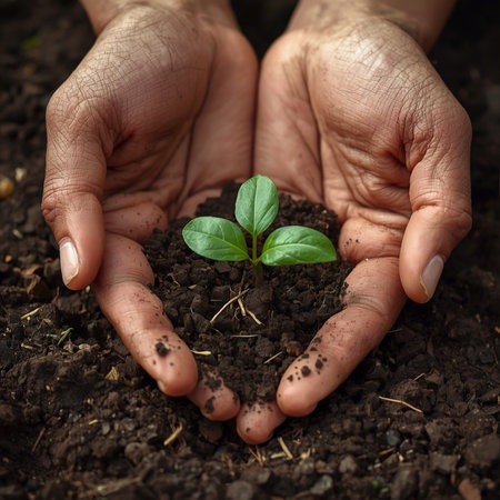 Hands holding young green plant in soil, closeup. Earth day conceptの素材