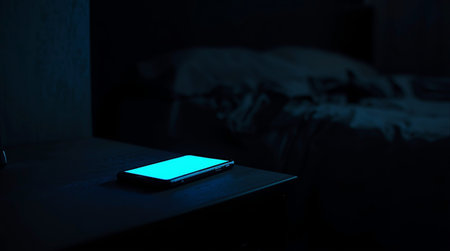 smartphone with blank screen on wooden table in dark room at nightの素材