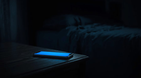 Smartphone with blue screen on wooden table in dark room at nightの素材