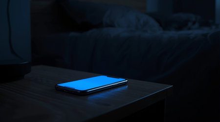 Smartphone with blue screen on a wooden table in the dark bedroomの素材