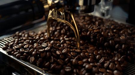 Close-up of a coffee machine with freshly roasted coffee beans.の素材