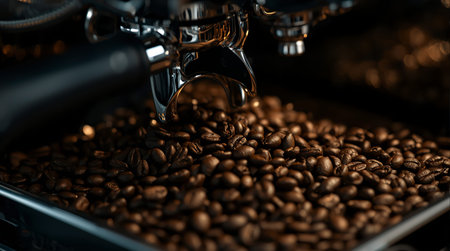 Coffee machine with roasted coffee beans, close-up.の素材