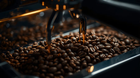 Coffee beans being poured into a coffee machine in a cafeの素材