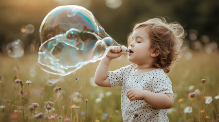Little girl blowing soap bubbles in the meadow on a sunny dayの素材