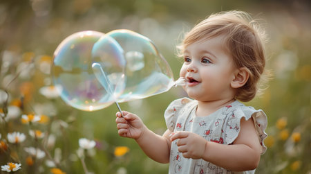 Adorable baby girl playing with soap bubbles in the meadow.の素材