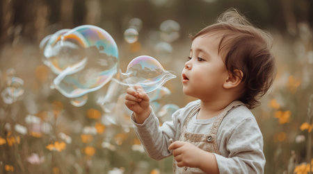 Cute little girl blowing soap bubbles in the meadow on a sunny dayの素材