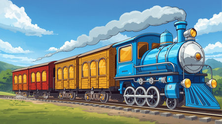 Locomotive on the railway. Vector illustration in cartoon style.の素材