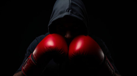 Hooded fighter with red boxing gloves on a black background.の素材