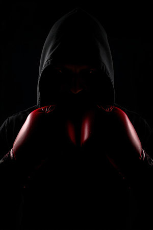 Silhouette of a hooded woman with boxing gloves on black backgroundの素材