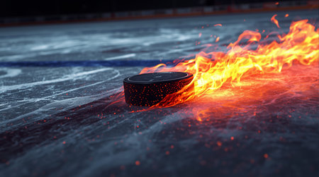 Hockey puck on ice with fire in the background. 3d renderingの素材