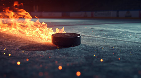 Hockey puck burning in the ice. Close-up of a hockey puck.の素材