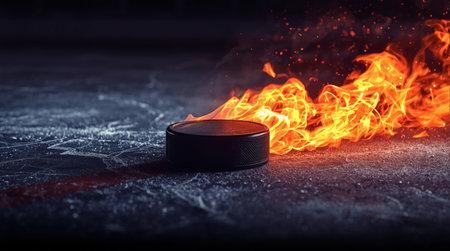 Hockey puck on ice with fire and smoke. Close up.の素材