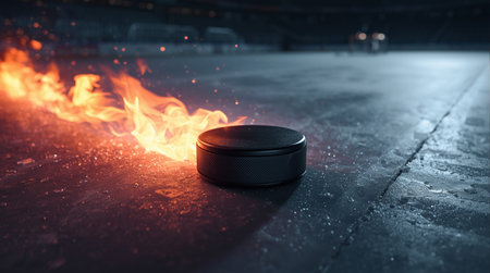 Hockey puck on the ice of a hockey stadium. Close-up.の素材