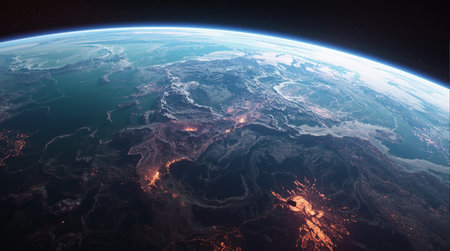 Planet Earth view from space during sunrise with visible city lights. 3D illustration.の素材