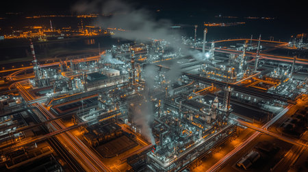Aerial view of petrochemical plant at night, tonedの素材