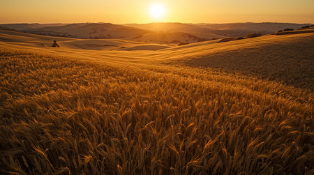 Wheat field at sunset. Panoramic view of agricultural landscapeの素材