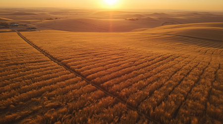 Aerial view of wheat field at sunset. Beautiful rural landscape.の素材