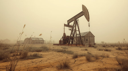 Oil pumps in the desert. Oil industry. Vintage style. Toned.の素材