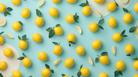 Creative pattern made of lemons on blue background. Flat lay, top view minimal summer concept.の素材