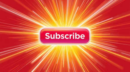 Subscribe button on red background with rays of light. Vector illustration.の素材
