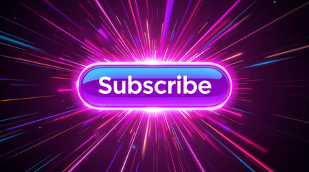 Illustration of a bright glowing web button with the word subscribe.の素材