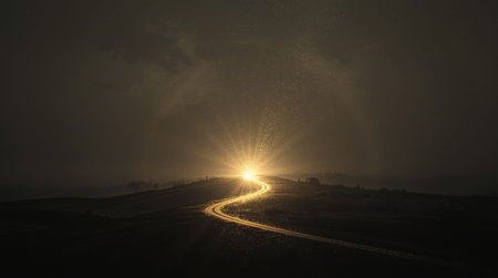 Foggy sunrise over a road in Tuscany, Italyの素材