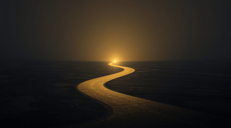 Foggy road in the desert at sunset. 3d renderingの素材