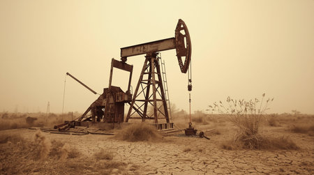 Oil pumps in the desert, closeup of photo. Toned.の素材