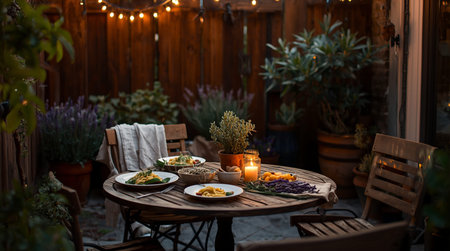 Luxury table setting for dinner in the garden at sunset.の素材