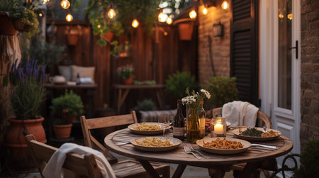 Table with food on terrace of a country house in the eveningの素材