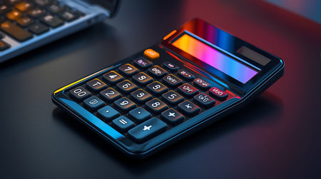 Calculator and laptop on black table, business and finance conceptの素材