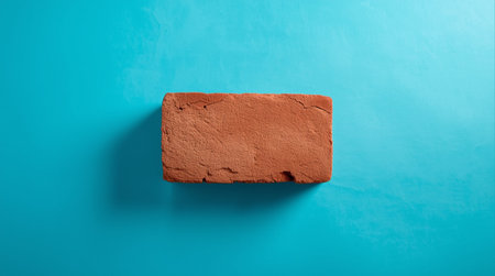 Brick wall on blue background. Top view. Copy space.の素材