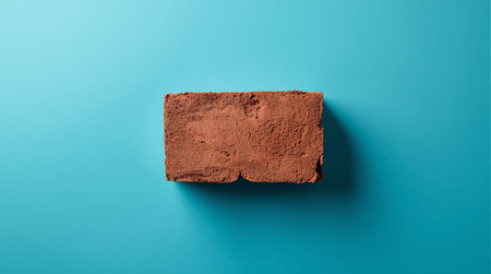 Red brick isolated on blue background. Top view, flat lay.の素材