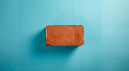 Red brick wall on blue background. Minimal style. Copy space.の素材