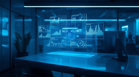 Futuristic virtual graphic touch user interface showing big data analytics, online statistics, business analytics and financial report with charts and diagrams.の素材