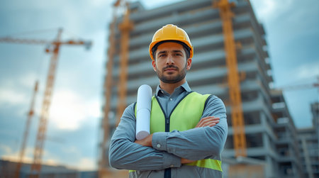 Portrait of confident male engineer standing with arms crossed at construction siteの素材