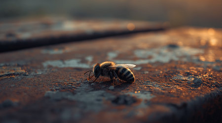 Honey bee (Apis mellifera) on a rusty metal surfaceの素材