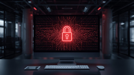 Cyber security theme on modern computer monitor screen. 3D rendering.の素材