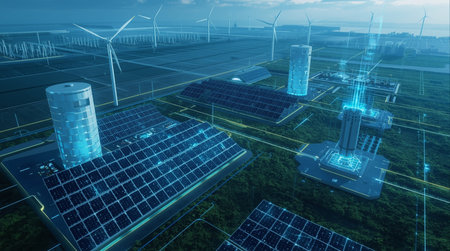 solar panels and wind turbines on the ground, 3d renderingの素材