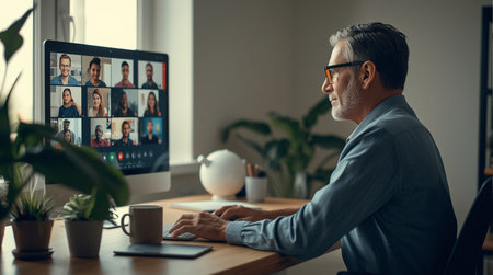 Mature man using video conference on computer at home. Online meeting or telework concept.の素材