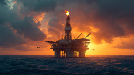 Offshore oil and gas production platform. Oil and gas industry and hard work.の素材