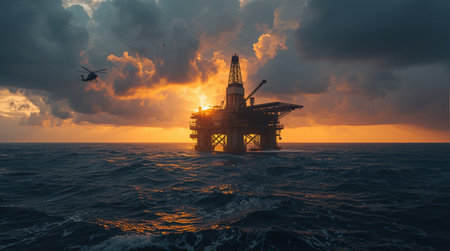 Oil and gas platform in the middle of the sea at sunset.の素材