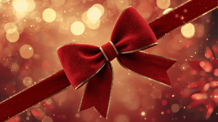 Red bow on golden bokeh background. Christmas and New Year concept.の素材