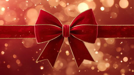 Red bow on golden bokeh background. Festive decoration.の素材