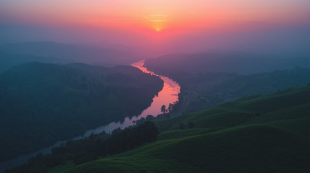 Beautiful sunrise over the tea plantation in the morning,Thailandの素材
