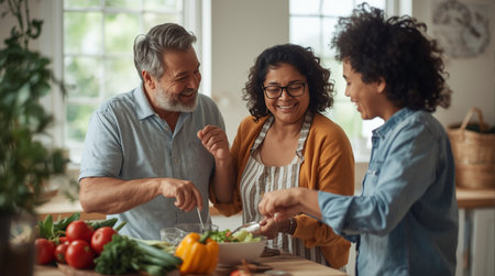 Happy family cooking together in the kitchen. Mother, father and daughter are preparing healthy food together.の素材