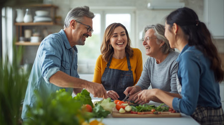 Happy family cooking together in the kitchen. Mother, father and their children are cooking together.の素材