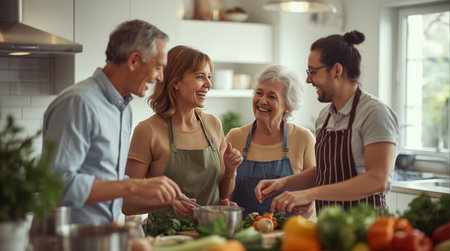 Happy family is cooking together in the kitchen at home. They are looking at each other and smiling.の素材