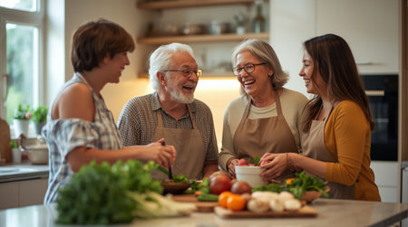Happy family cooking together in the kitchen. Mother, father and their children are preparing salad.の素材